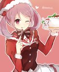  ;p bad_id bad_twitter_id bow bowtie brown_bow brown_neckwear cake food fork hair_bobbles hair_ornament hat heart hiiragi_souren holding kantai_collection long_sleeves looking_at_viewer mini_hat name_tag one_eye_closed party_hat pink_background pink_eyes pink_hair plate santa_costume santa_hat sazanami_(kantai_collection) simple_background smile solo stuffed_animal stuffed_bunny stuffed_toy tongue tongue_out twintails twitter_username 