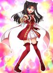  black_hair blue_eyes brown_hair fate/kaleid_liner_prisma_illya fate/stay_night fate_(series) hair_ribbon hanjuku_tomato highres kaleidostick long_hair long_legs magical_girl magical_ruby red_legwear ribbon solo thighhighs toosaka_rin two_side_up wand zettai_ryouiki 