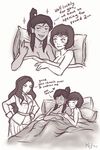  3girls asami_sato avatar:_the_last_airbender bed bed_sheet breasts cuddling dark_skin iahfy k-y-h-u korra legend_of_korra monochrome multiple_girls opal_bei_fong pillow ponytail sheets the_legend_of_korra yuri 