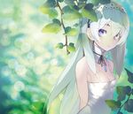  arms_behind_back bangs bare_shoulders blurry blush breasts bush chaika_trabant cleavage dated depth_of_field detached_collar dress eyebrows from_side gradient hair_between_eyes hairband highres hitsugi_no_chaika jewelry lace leaf light_smile lolita_hairband long_hair looking_at_viewer namaniku_atk nature neck_ribbon necklace outdoors pendant purple_eyes ribbon sideboob small_breasts smile solo sundress translation_request very_long_hair white_dress white_hair 