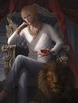  bad_id bad_pixiv_id blonde_hair chair cup drinking_glass fate/zero fate_(series) gilgamesh jewelry kuda_(1713261460) lion male_focus necklace realistic red_eyes solo wine_glass 