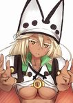  blonde_hair breasts cloak dark_skin guilty_gear guilty_gear_xrd hat incoming_hug large_breasts looking_at_viewer outstretched_arms ramlethal_valentine ryuushaku solo underboob yellow_eyes 