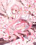  absurdly_long_hair blush boots cherry_blossoms dango detached_sleeves flower food from_behind full_body hair_flower hair_ornament hatsune_miku kneeling long_hair looking_back nardack pink pink_eyes pink_footwear pink_hair pink_legwear sakura_miku skirt solo thigh_boots thighhighs tree twintails very_long_hair vocaloid wagashi 