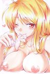  blonde_hair breasts condom condom_in_mouth condom_wrapper heart large_breasts mouth_hold nipples one_eye_closed original oroneko red_eyes solo 