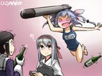  ? @_@ bare_arms bare_legs black_hair blue_hair blush bottle brown_eyes clothes_writing dated drunk fang gloves hair_ribbon hairband hamu_koutarou holding holding_torpedo i-19_(kantai_collection) kantai_collection long_hair multiple_girls muneate myoukou_(kantai_collection) one-piece_swimsuit open_mouth pink_background ribbon sake_bottle school_swimsuit short_hair shoukaku_(kantai_collection) silver_hair smile swimsuit torpedo trembling twintails 
