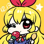  aikatsu! aikatsu!_(series) blonde_hair chan_co chibi dated food fruit hair_ribbon hoshimiya_ichigo long_hair one_eye_closed red_eyes ribbon rice_spoon solo star strawberry translation_request upper_body 