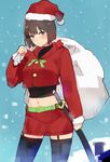  alternate_costume belt blush breasts brown_eyes cowboy_shot garter_straps hareno_chiame hat hyuuga_(kantai_collection) kantai_collection katana looking_at_viewer medium_breasts midriff navel over_shoulder pencil_skirt sack santa_costume santa_hat sheath short_hair sketch skirt snow solo sword thighhighs weapon 