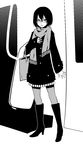  bag boots coat fugetac full_body glasses greyscale highres knee_boots monochrome original pantyhose scarf screentones skirt solo tote_bag winter_clothes winter_coat 