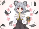  animal_ears basket blush capelet dress ebi_senbei flower grey_hair highres jewelry long_sleeves looking_at_viewer mouse mouse_ears mouse_tail nazrin nyanyanyanyanyanyanya!_(vocaloid) paw_pose pendant red_eyes short_hair solo tail touhou vocaloid 