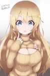  alternate_costume atago_(kantai_collection) blonde_hair blue_eyes breasts cleavage cleavage_cutout dated finger_to_cheek highres kantai_collection large_breasts long_hair meme_attire mku open-chest_sweater open_mouth ribbed_sweater solo sweater twitter_username 