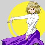  arcueid_brunestud black_legwear blonde_hair full_moon koge9 long_skirt moon pantyhose purple_skirt red_eyes short_hair skirt smile solo sweater tsukihime turtleneck 