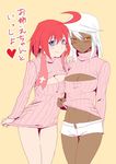  ahoge blue_eyes blush bottomless breasts cleavage cleavage_cutout clothes_lift clothes_tug dark_skin elphelt_valentine guilty_gear guilty_gear_xrd heart kusu_(moo1225) large_breasts looking_at_viewer meme_attire multiple_girls navel open-chest_sweater pink_hair ramlethal_valentine ribbed_sweater short_shorts shorts siblings sisters smile sweater sweater_lift sweater_tug turtleneck white_hair yellow_eyes 