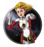  1girl belt blonde_hair blue_eyes bodysuit circle dc_comics dress earrings emblem gloves jewelry legion long_sleeves looking_at_viewer saturn saturn_girl solo space telepathy transparent_background white_gloves 