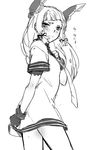 bangs blunt_bangs blush deras dress gloves greyscale hand_on_own_chest headgear kantai_collection long_hair looking_at_viewer monochrome murakumo_(kantai_collection) sailor_dress short_sleeves sidelocks sketch solo translated 