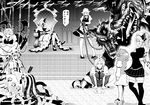  ahoge breasts chair cleavage collar comic dog flandre_scarlet gem geta greyscale hat head_wings highres hong_meiling izayoi_sakuya koakuma maid_headdress medium_breasts monochrome multiple_girls patchouli_knowledge pigeon-toed remilia_scarlet scar sharp_teeth sitting spike tatara_kogasa teeth thighhighs tongue touhou translated warugaki_(sk-ii) wings 