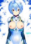  1girl artist_name ayanami_rei blue_hair blush breasts dated erect_nipples large_breasts looking_at_viewer neon_genesis_evangelion nipples plugsuit red_eyes revision rondo_bell short_hair smile solo 