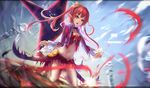  barefoot dungeon_and_fighter highres long_hair mage_(dungeon_and_fighter) md5_mismatch midriff navel pointy_ears red_eyes red_hair solo twintails wangchuan_de_quanyan 