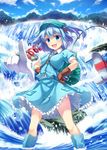  :d backpack bag blue_eyes blue_hair blue_sky brown_gloves cloud gloves hair_bobbles hair_ornament hand_on_hip hat kawashiro_nitori key mechanical_arms noe_noel open_mouth pointing pointing_at_viewer puffy_short_sleeves puffy_sleeves shirt short_sleeves skirt skirt_set sky smile solo thighs touhou two_side_up v-shaped_eyebrows water waterfall 