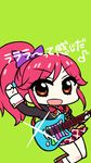  :d aikatsu! aikatsu!_(series) arm_up chan_co chibi green_background guitar instrument open_mouth otoshiro_seira plectrum ponytail red_eyes red_hair smile solo translation_request 
