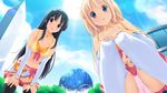  2girls black_hair blonde_hair blue_eyes breasts cleavage fukami_nagisa game_cg highres kagurazaka_namine koutaro long_hair multiple_girls navel panties pink_panties thighhighs tropical_kiss tropical_vacation twinkle_(company) twinkle_soft underwear 