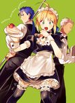  2boys archer artoria_pendragon_(all) bad_id bad_pixiv_id black_legwear black_tea blonde_hair blue_hair cake character_name cup dark_skin fate/stay_night fate_(series) food fork garters green_background highres lancer maid multiple_boys naoko_(juvenile) plate red_eyes saber simple_background slice_of_cake tea teacup teapot thighhighs waiter white_hair zettai_ryouiki 