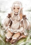  bare_shoulders barefoot breasts brown_eyes dark_skin downscaled elbow_gloves gloves hairband highres long_hair looking_at_viewer md5_mismatch original pointy_ears resized ricci sidelocks sitting sketch small_breasts smile solo toeless_legwear wariza white_hair 