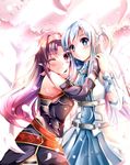  asuna_(sao) asuna_(sao-alo) blue_eyes blue_hair breastplate detached_sleeves fingerless_gloves gloves hairband highres long_hair multiple_girls one_eye_closed pointy_ears purple_hair red_eyes sword_art_online yuuki_(sao) yuuki_nagisa 