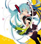  4_(nakajima4423) aqua_eyes aqua_hair black_footwear black_legwear boots detached_sleeves hatsune_miku headphones long_hair necktie one_eye_closed open_mouth skirt solo spring_onion star thigh_boots thighhighs twintails very_long_hair vocaloid 