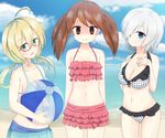  ahoge arms_at_sides ball beach beachball bikini bikini_top blonde_hair blue_eyes blush breast_envy breasts brown_eyes brown_hair cleavage cloud collarbone day flat_chest glasses green_eyes hair_over_one_eye hamakaze_(kantai_collection) hands_on_own_chest i-8_(kantai_collection) kantai_collection large_breasts looking_at_viewer low_twintails midriff multiple_girls navel nenosame ocean outdoors red-framed_eyewear ryuujou_(kantai_collection) shaded_face short_hair silver_hair sky smile swimsuit twintails water 