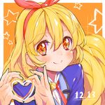  aikatsu! aikatsu!_(series) blonde_hair dated hairband heart heart_hands hoshimiya_ichigo long_hair looking_at_viewer red_eyes smile solo star star-shaped_pupils symbol-shaped_pupils tetsujin_momoko upper_body 