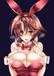  amane_ruri animal_ears bad_id bad_pixiv_id bare_shoulders black_background blush breasts brown_hair bunny_ears bunnysuit detached_collar fake_animal_ears green_eyes heavy_breathing kantai_collection large_breasts looking_at_viewer mutsu_(kantai_collection) short_hair solo tongue tongue_out upper_body wrist_cuffs 