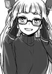  bangs bespectacled blunt_bangs blush deras glasses gloves greyscale grin headgear kantai_collection long_hair looking_at_viewer monochrome murakumo_(kantai_collection) sketch smile solo sweater 