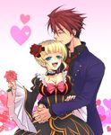  1girl beatrice black_battler blonde_hair blue_eyes blush bow breasts closed_eyes couple flower hair_flower hair_ornament heart hetero hug large_breasts open_mouth pink_bow red_hair rose short_hair smile sousui_hani umineko_no_naku_koro_ni ushiromiya_battler 