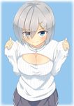  blue_background blue_eyes bob_cut breasts cleavage cleavage_cutout hair_ornament hair_over_one_eye hairclip hamakaze_(kantai_collection) kantai_collection large_breasts long_sleeves looking_at_viewer meme_attire nenosame open-chest_sweater ribbed_sweater short_hair silver_hair skirt smile solo sweater 