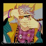  bad_id bad_pixiv_id bracelet caesar_anthonio_zeppeli canto facial_mark feathers finger_frame grey_hair hair_feathers headband jewelry jojo_no_kimyou_na_bouken male_focus necklace one_eye_closed solo 