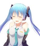  :d ^_^ aqua_hair bare_shoulders closed_eyes collared_shirt detached_sleeves harusawa hatsune_miku headphones long_hair necktie open_mouth shirt simple_background smile solo twintails upper_body vocaloid white_background 
