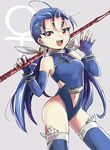  ahoge blue_gloves blue_hair blue_leotard contrapposto fang fate/stay_night fate_(series) fingerless_gloves forehead gae_bolg genderswap genderswap_(mtf) gloves lancer lancer-tan leotard long_hair over_shoulder red-trio red_eyes solo thighhighs twintails venus_symbol weapon weapon_over_shoulder 