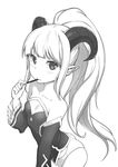  bad_id bad_pixiv_id bare_shoulders blush breasts cleavage_cutout collarbone demon_girl detached_sleeves eating food greyscale highres horns long_hair looking_at_viewer monochrome odibil pocky pointy_ears ponytail small_breasts solo 