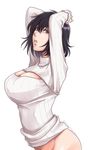  arms_up black_hair bottomless breasts chain_sumeragi cleavage fujishiro_kanae kekkai_sensen large_breasts looking_at_viewer meme_attire naked_sweater open-chest_sweater parted_lips purple_eyes ribbed_sweater short_hair simple_background solo sweater turtleneck white_background 