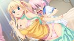  2girls bed blonde_hair blue_eyes blush bra game_cg highres kagurazaka_namine koutaro long_hair multiple_girls open_mouth panties pink_hair pink_panties short_hair skirt takara_ichiko tropical_kiss tropical_vacation twinkle_(company) twinkle_soft underwear 