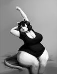  anthro bed big_breasts black_hair breasts cat catti_(deltarune) cleavage clothed clothing deltarune digital_media_(artwork) eyes_closed feline female grey_background hair mammal outta_sync overweight overweight_female shirt simple_background sitting solo stretching thick_thighs video_games voluptuous wide_hips 