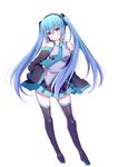  aqua_eyes blue_hair boots detached_sleeves hand_on_hip harusawa hatsune_miku headset long_hair looking_at_viewer necktie open_mouth simple_background sketch skirt sleeves_past_wrists solo thigh_boots thighhighs twintails very_long_hair vocaloid white_background 