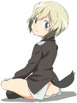  ass blonde_hair blush bob_cut brown_hair butt_crack dog_tail erica_hartmann from_behind jacket long_sleeves looking_back military military_uniform multicolored_hair no_pants panties short_hair sitting smile solo strike_witches tail two-tone_hair umanosuke underwear uniform white_panties world_witches_series 