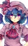  ascot bat_wings blue_hair frills ginzuki_ringo hat hat_ribbon highres jewelry looking_at_viewer mob_cap parted_lips portrait puffy_sleeves red_eyes remilia_scarlet ribbon shirt short_hair short_sleeves simple_background solo touhou white_background wings 