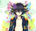  bad_id bad_pixiv_id black_hair blue_eyes flower fudou_yuusei highres jacket male_focus multicolored_hair open_clothes open_shirt raraoa_(lalaoa) shirt solo streaked_hair yuu-gi-ou yuu-gi-ou_5d's 