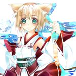  animal_ears bad_id bad_pixiv_id blonde_hair detached_sleeves fox_ears green_eyes japanese_clothes miko original shirokitsune short_hair solo wind_chime 