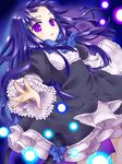  bad_id bad_pixiv_id blue_hair cat_tail dress floating forehead frederica_bernkastel frills glowing hands long_hair purple_eyes ribbon solo tail tail_ribbon tsuguha umineko_no_naku_koro_ni 