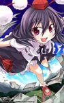  black_hair fang geta hat kitahara_tomoe_(kitahara_koubou) looking_at_viewer open_mouth paper red_eyes shameimaru_aya short_hair smile solo tengu-geta tokin_hat touhou 