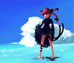  animal_ears braid cat_ears cat_tail cloud day dress hair_ribbon kaenbyou_rin looking_back multiple_tails red_eyes red_hair ribbon shallow_water shin_(new) short_hair skirt_hold sky solo tail touhou twin_braids twintails wading water 
