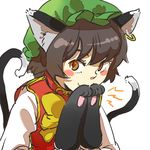  animal_ears blush_stickers brown_eyes brown_hair cat_ears cat_tail chen earrings hat jewelry multiple_tails paws short_hair solo tail touhou yukataro 